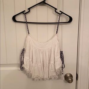 White and blue Crop top with tassel ties down side